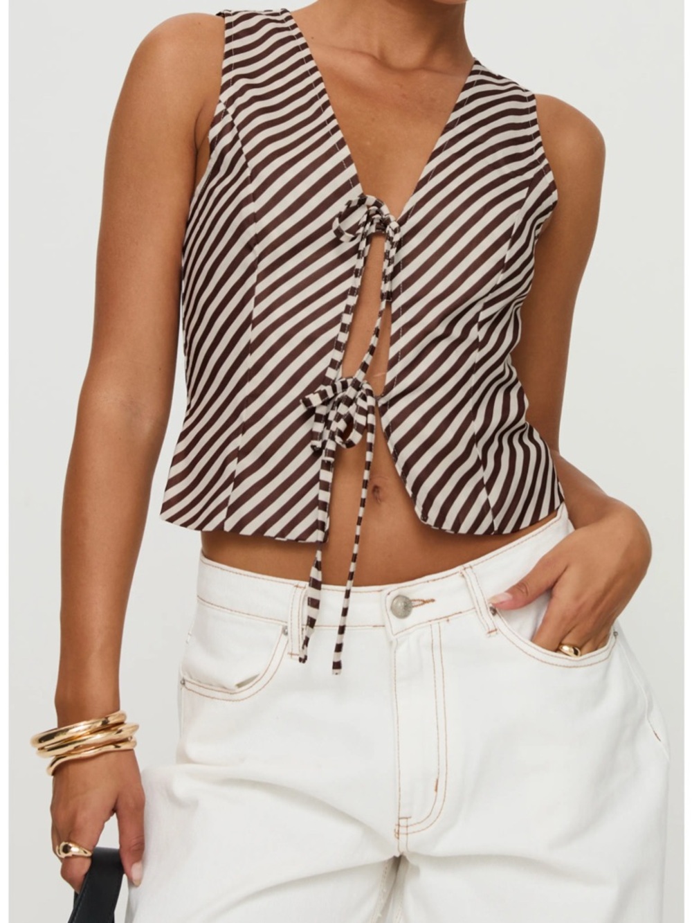 Princess Polly Striped Tie-Front Tank Top - Brown & White sz 2 Small